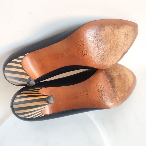 Petra Firenze Heels 9.5 Italian Leather Sole Pumps Navy Blue Pointy Toe Striped - Picture 11 of 13